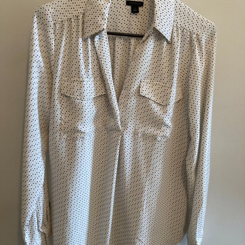 Ann Taylor Black polka-dotted white dress blouse